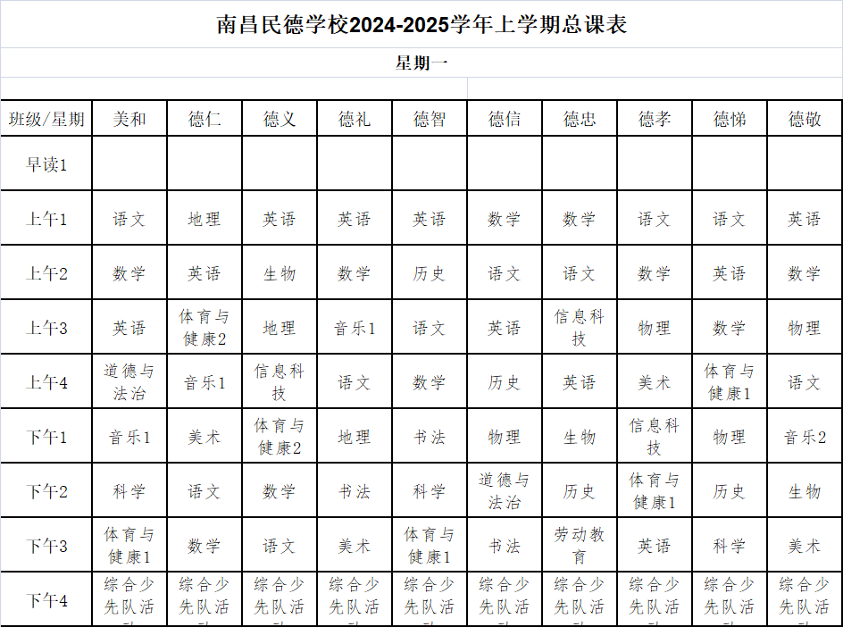 南昌民德學校2024-2025學年上學期總課表